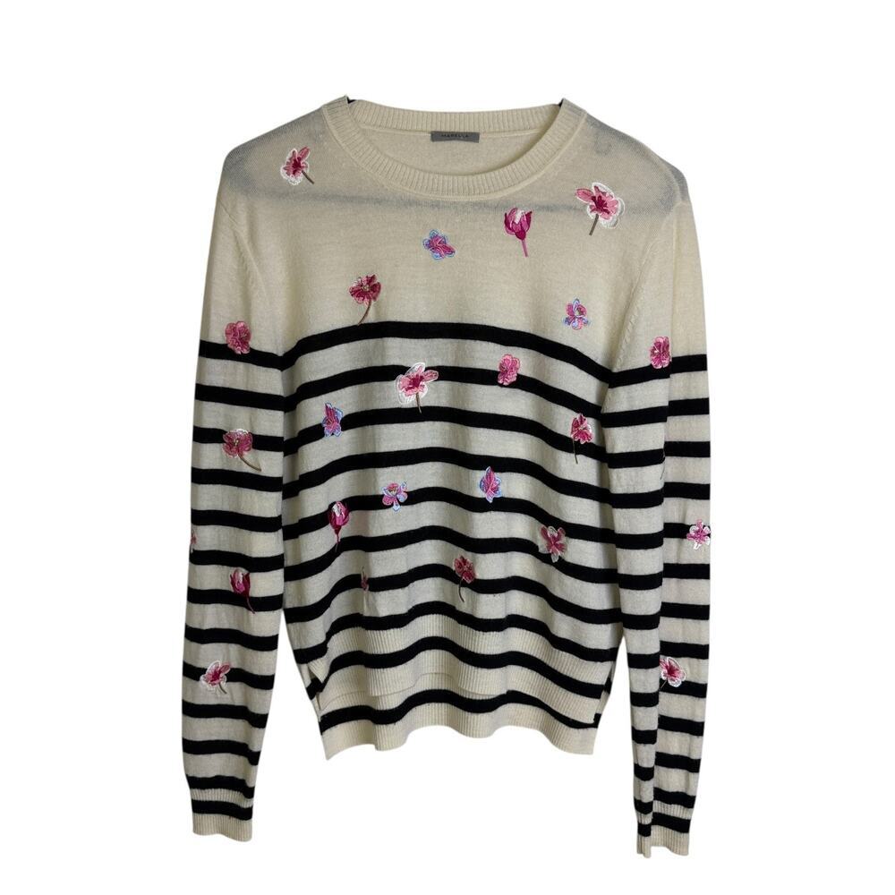 Marella Rita Sweater Womens Medium Cream Floral Embroidered Striped *